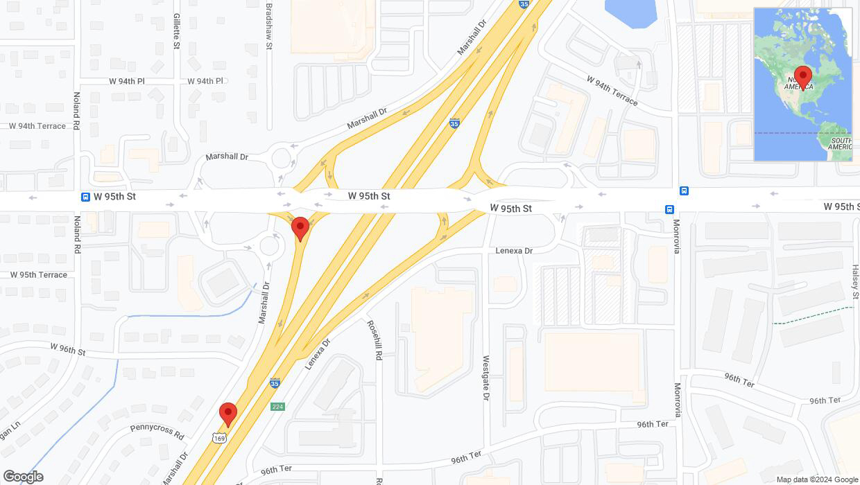A detailed map that shows the affected road due to 'Lenexa: West 95th Street temporarily closed' on August 23rd at 8:36 p.m.
