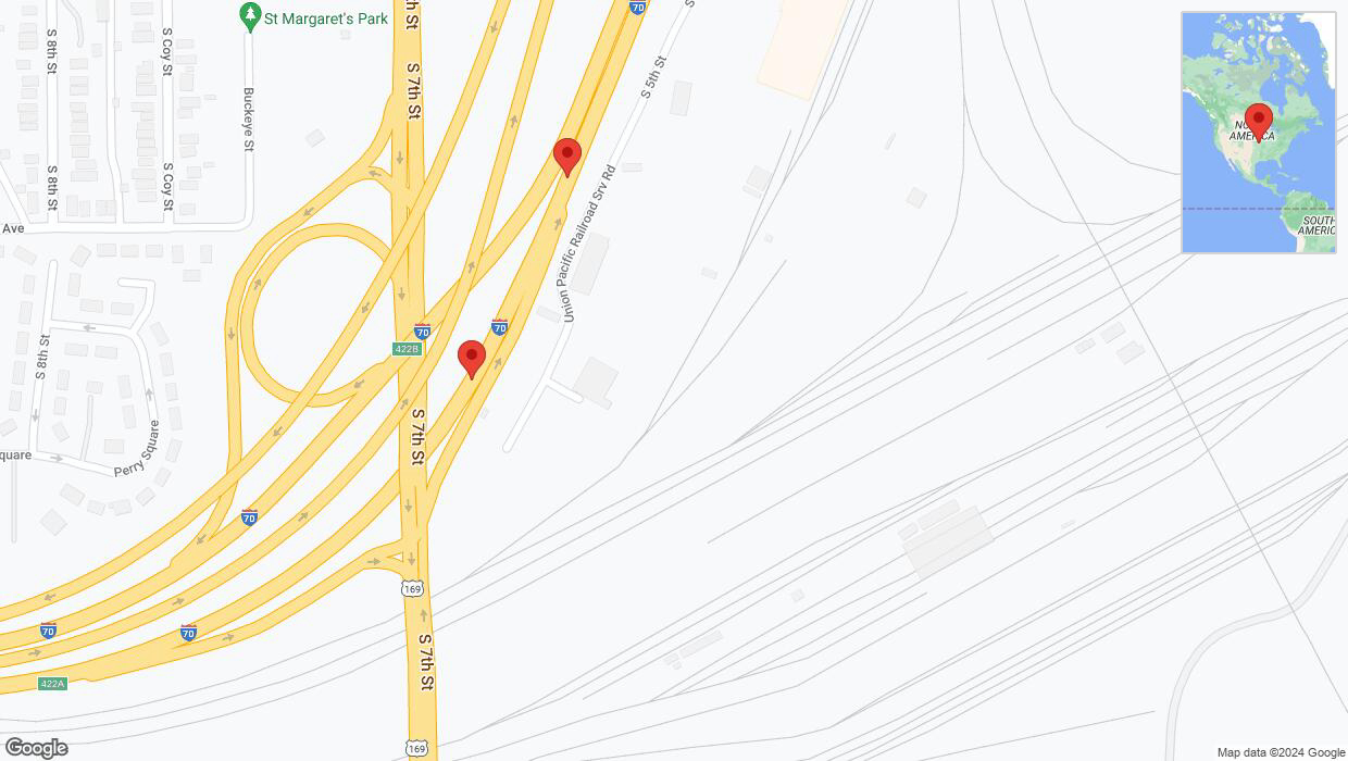 A detailed map that shows the affected road due to 'Broken down vehicle on eastbound I-70 in Kansas City' on August 23rd at 8:54 p.m.