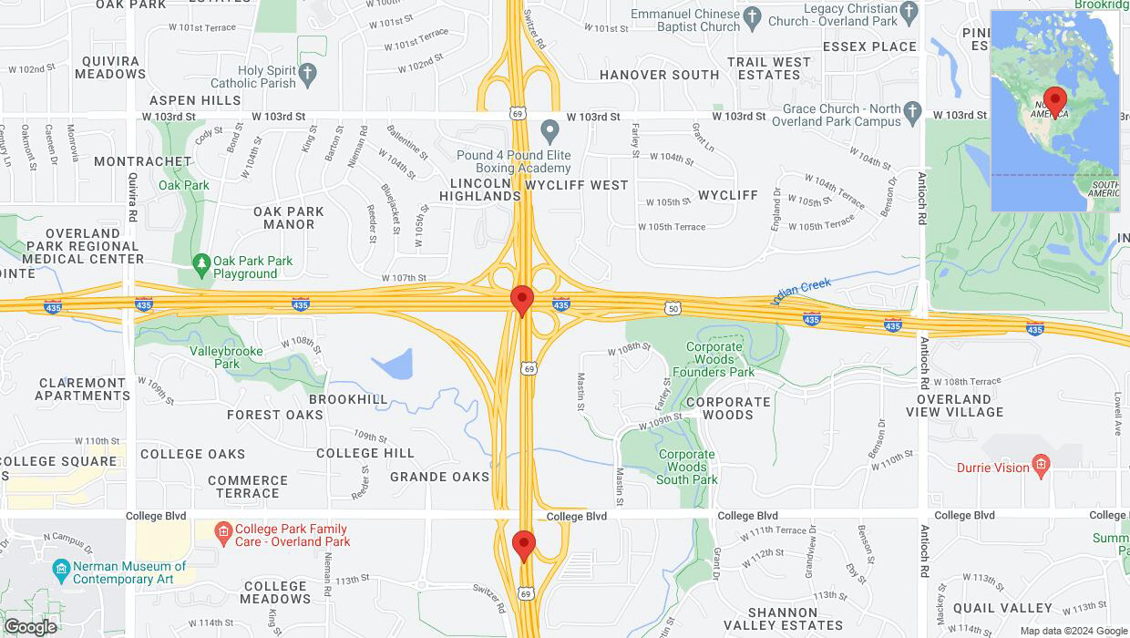 A detailed map that shows the affected road due to 'US-69 closed in Overland Park' on August 23rd at 9:12 p.m.