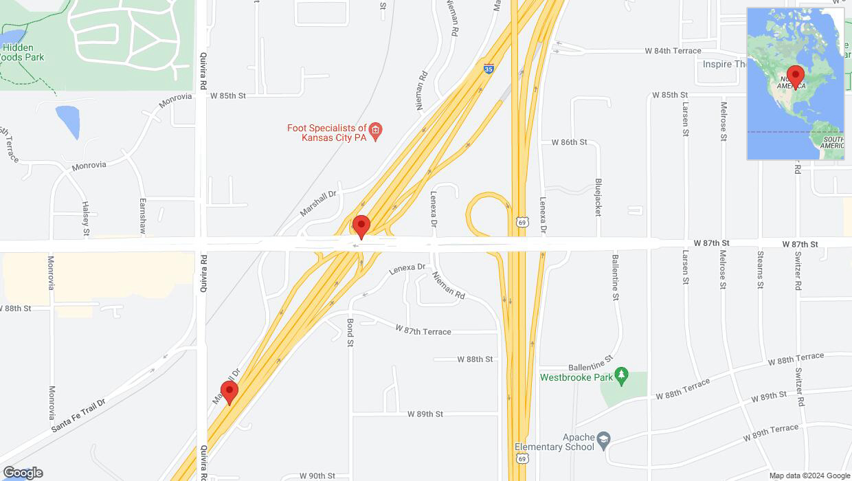 A detailed map that shows the affected road due to 'Monarch Highway closed in Overland Park' on August 23rd at 9:24 p.m.