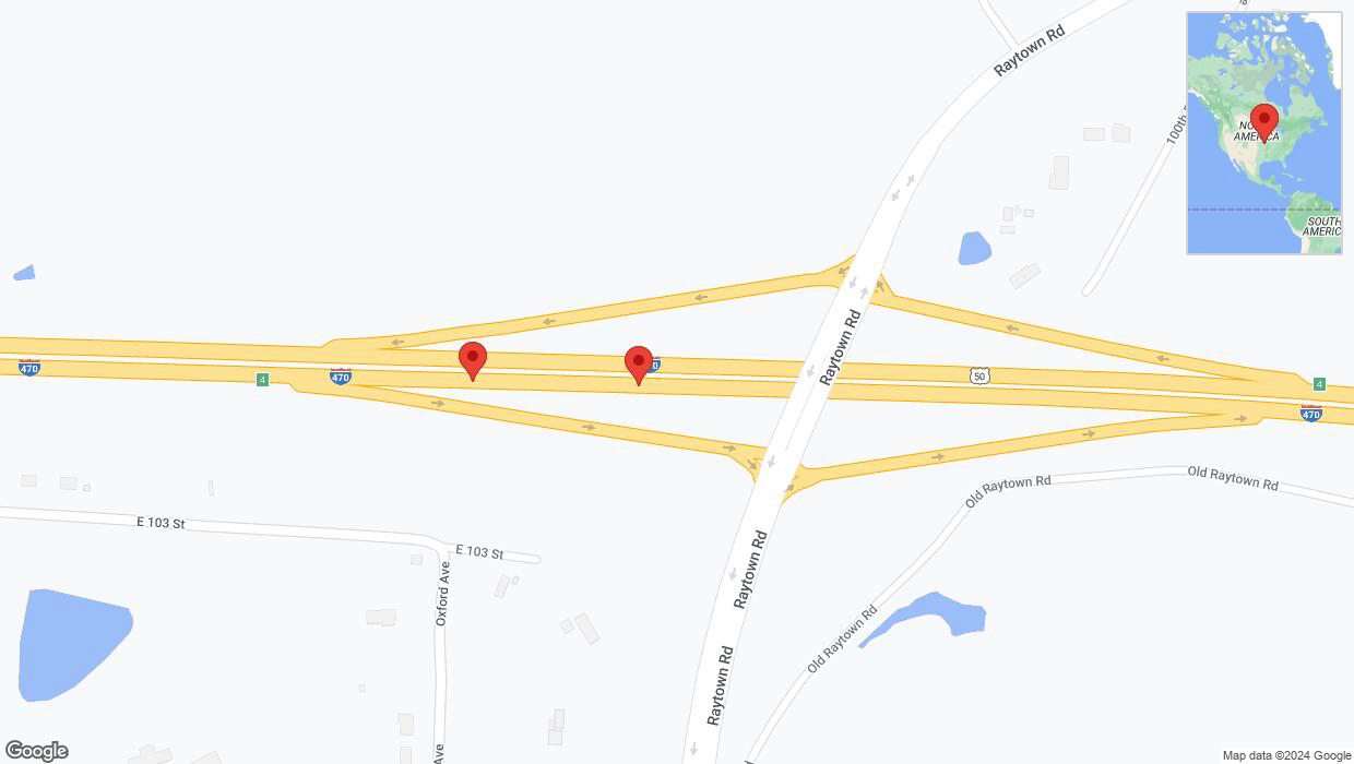 A detailed map that shows the affected road due to 'Broken down vehicle on eastbound I-470 in Kansas City' on August 23rd at 9:48 p.m.