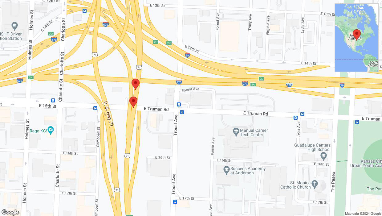 A detailed map that shows the affected road due to 'Broken down vehicle on northbound US-71 in Kansas City' on August 23rd at 11:53 p.m.