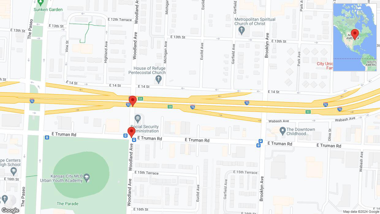 A detailed map that shows the affected road due to 'Kansas City: East Truman Road temporarily closed' on August 25th at 11:49 p.m.