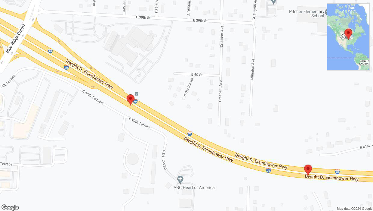 A detailed map that shows the affected road due to 'Broken down vehicle on eastbound I-70 in Kansas City' on August 24th at 7:05 p.m.