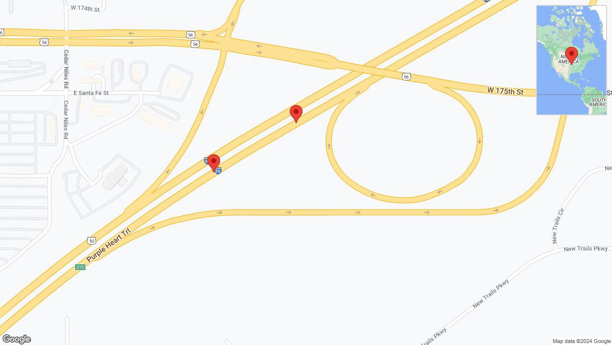 A detailed map that shows the affected road due to 'Broken down vehicle on northbound I-35 in Gardner' on August 25th at 4:25 p.m.