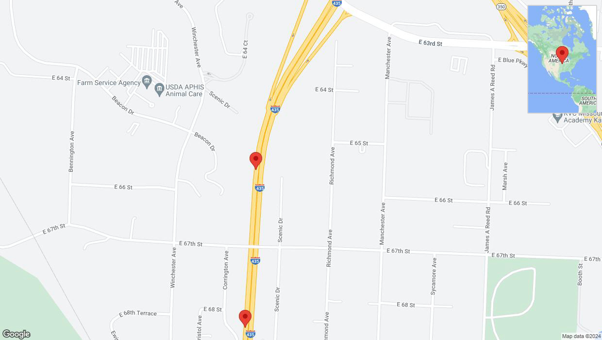 A detailed map that shows the affected road due to 'Broken down vehicle on southbound I-435 in Kansas City' on August 25th at 4:37 p.m.