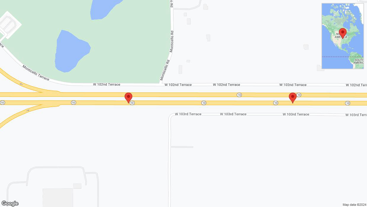A detailed map that shows the affected road due to 'Broken down vehicle on eastbound K-10 in Lenexa' on August 26th at 12:09 p.m.