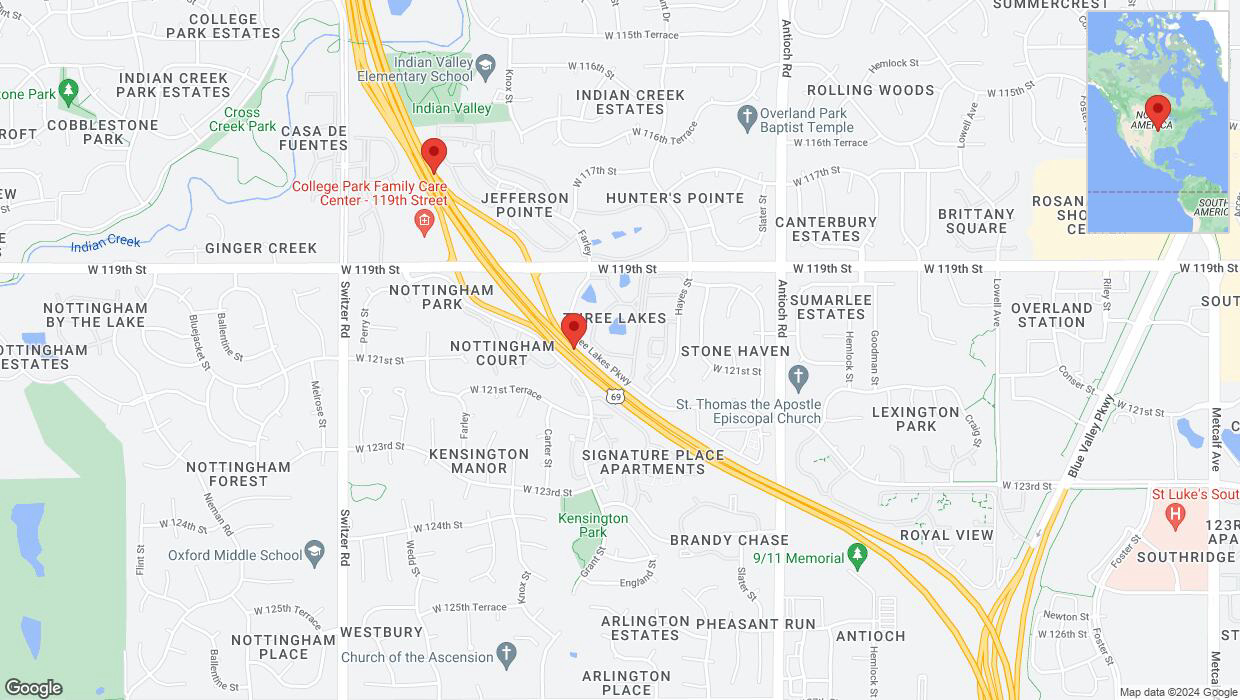A detailed map that shows the affected road due to 'US-69 North closed in Overland Park' on August 27th at 5:02 p.m.
