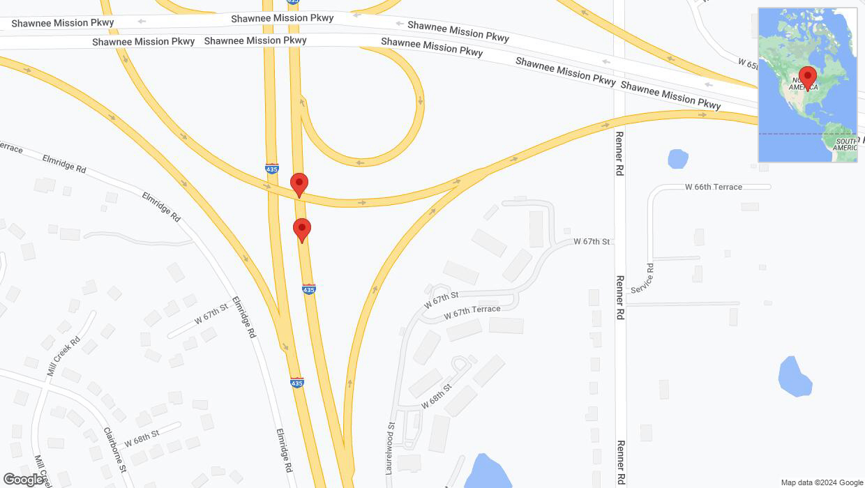 A detailed map that shows the affected road due to 'Broken down vehicle on northbound I-435 in Shawnee' on August 26th at 1:44 p.m.