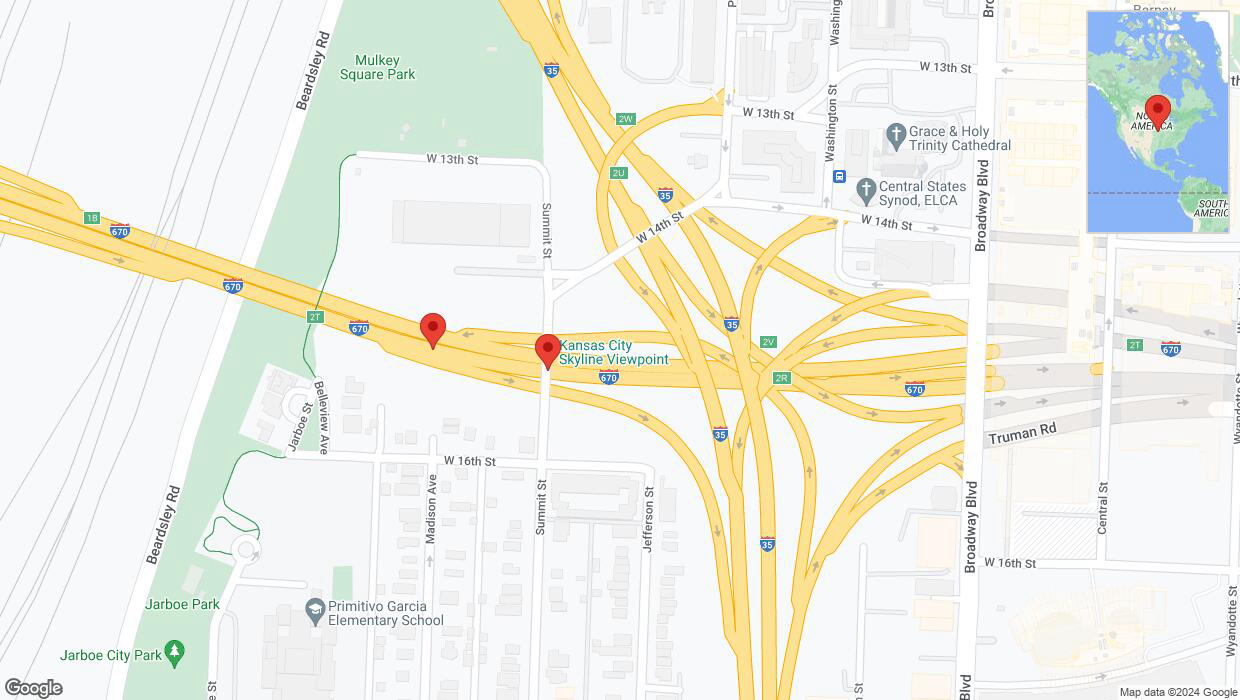 A detailed map that shows the affected road due to 'Broken down vehicle on eastbound I-670 in Kansas City' on August 26th at 8:56 p.m.