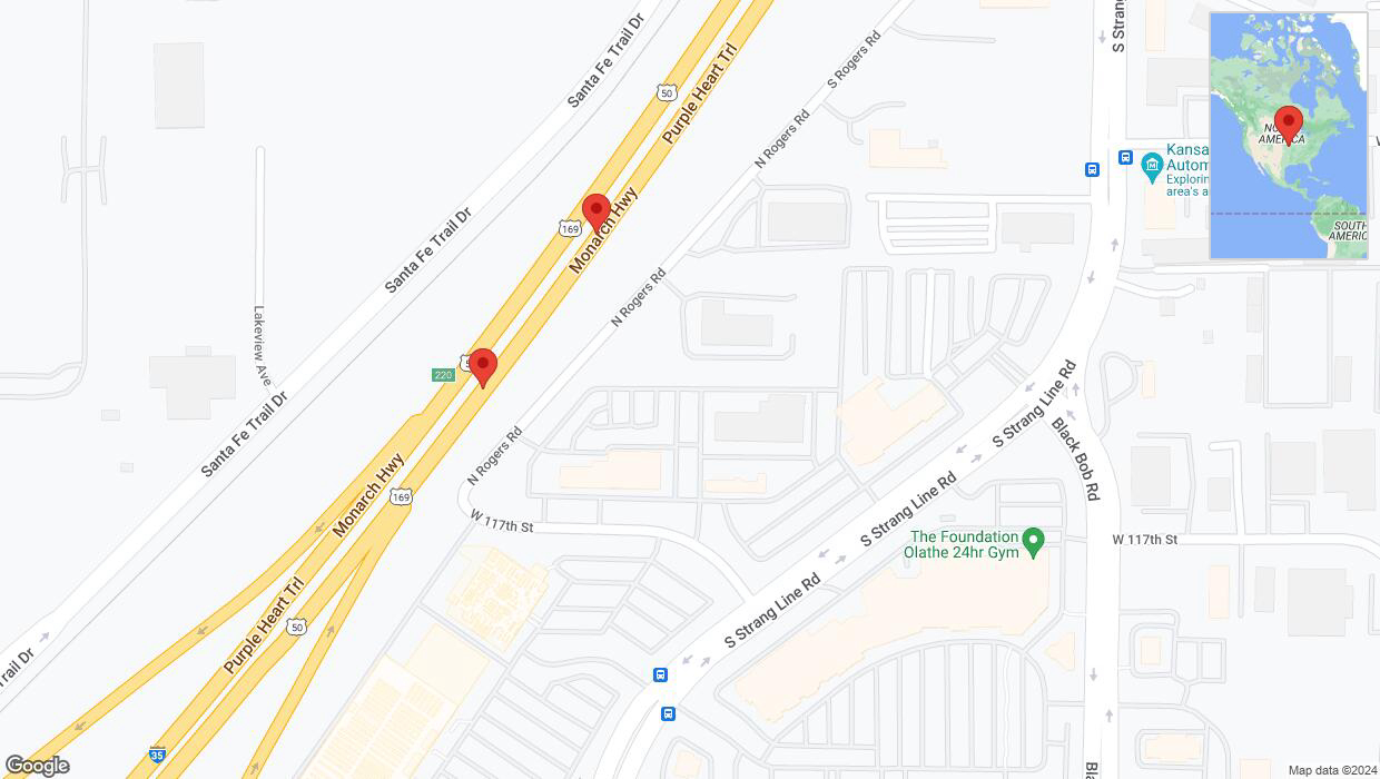 A detailed map that shows the affected road due to 'Warning in Olathe: Crash reported on eastbound I-35' on August 26th at 6:02 p.m.