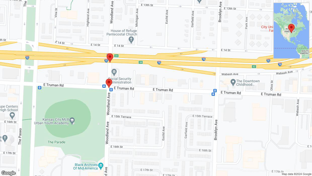 A detailed map that shows the affected road due to 'East Truman Road temporarily closed in Kansas City' on August 27th at 3:26 p.m.
