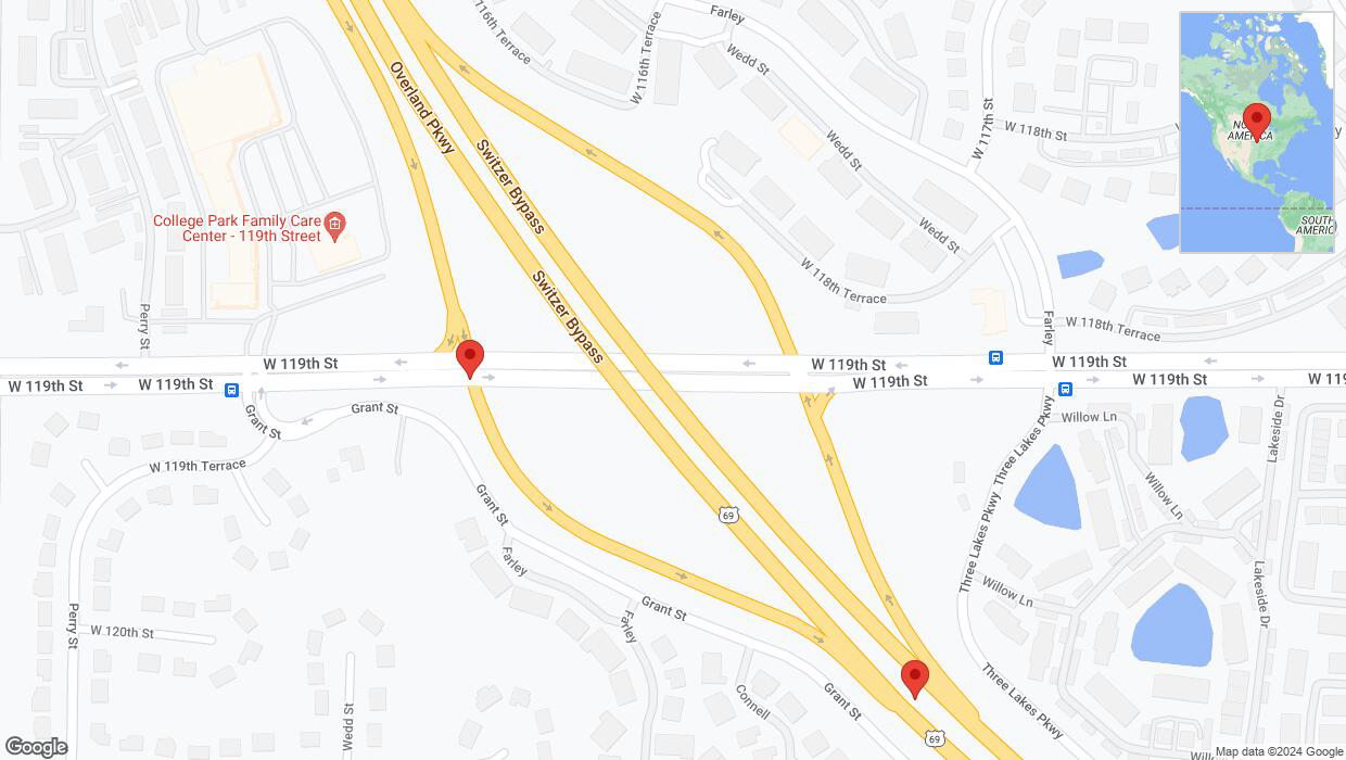 A detailed map that shows the affected road due to 'Grant Street closed in Overland Park' on August 27th at 4:08 p.m.