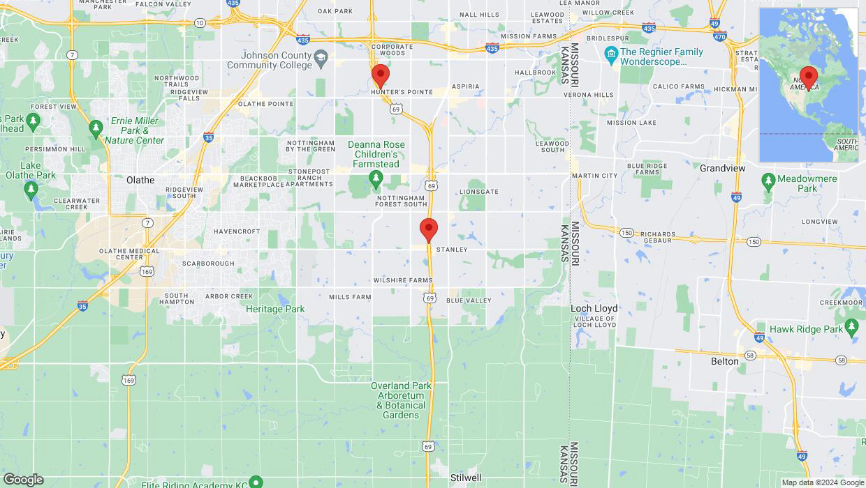 A detailed map that shows the affected road due to 'Lane on US-69 closed in Overland Park' on August 27th at 8:38 p.m.