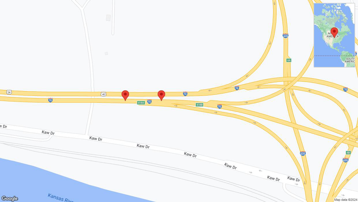 A detailed map that shows the affected road due to 'Broken down vehicle on eastbound I-70 in Kansas City' on August 27th at 1:50 p.m.