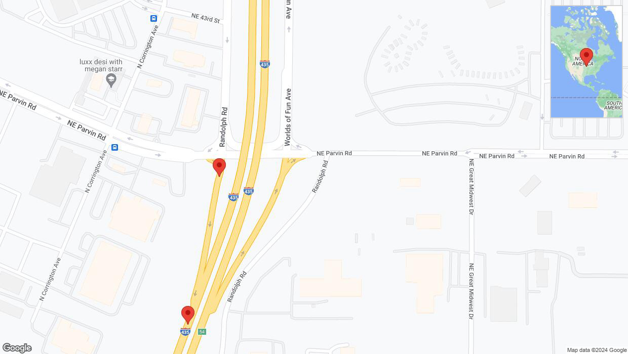 A detailed map that shows the affected road due to 'Broken down vehicle on Northeast Parvin Road in Kansas City' on August 27th at 12:14 p.m.