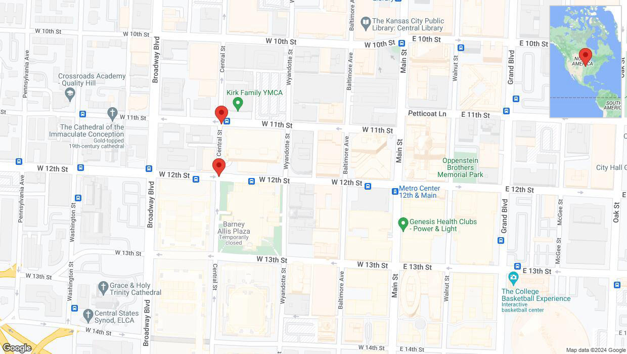 A detailed map that shows the affected road due to 'Central Street closed in Kansas City' on August 27th at 12:26 p.m.