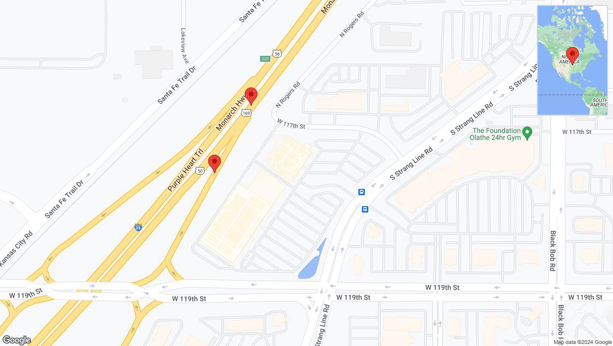 A detailed map that shows the affected road due to 'Broken down vehicle on South Strang Line Road in Olathe' on August 27th at 1:32 p.m.