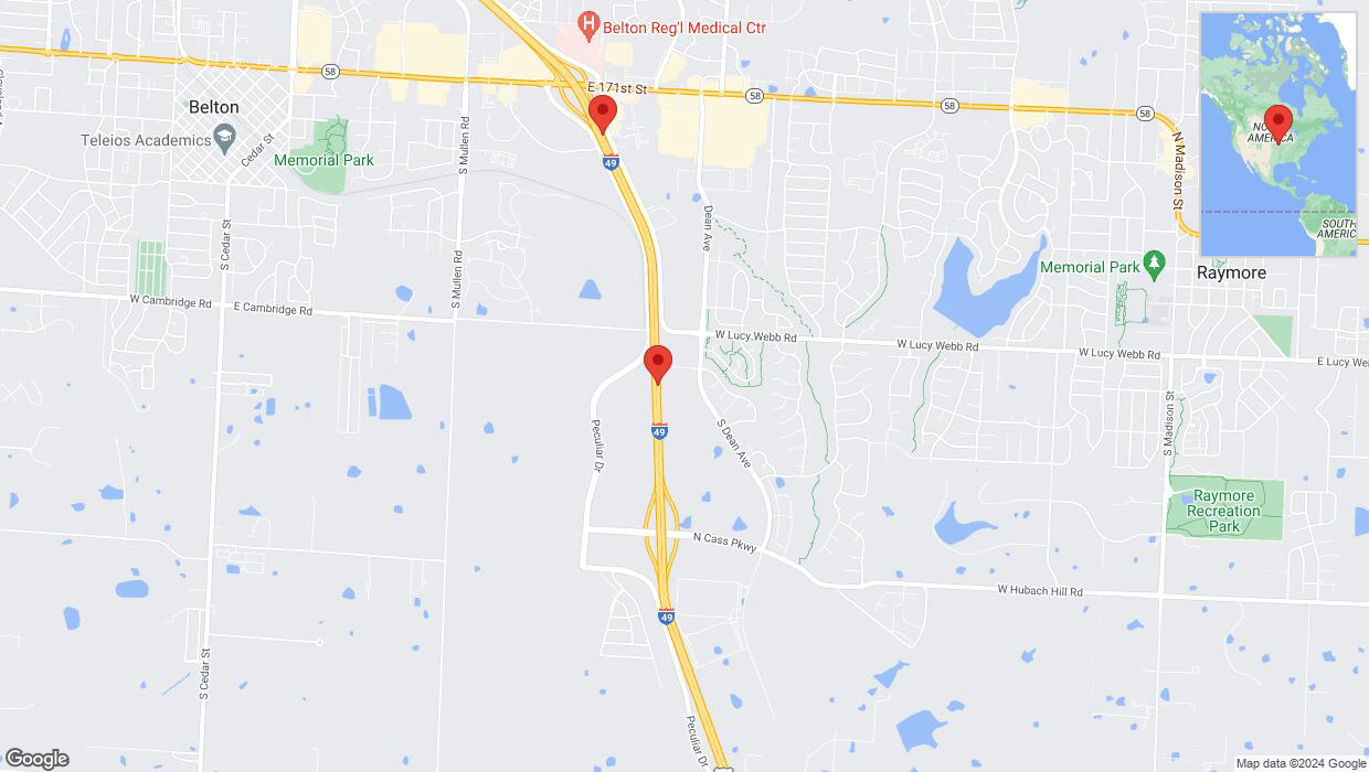 A detailed map that shows the affected road due to 'Incident on northbound I-40/US-71 in Raymore' on August 27th at 1:38 p.m.