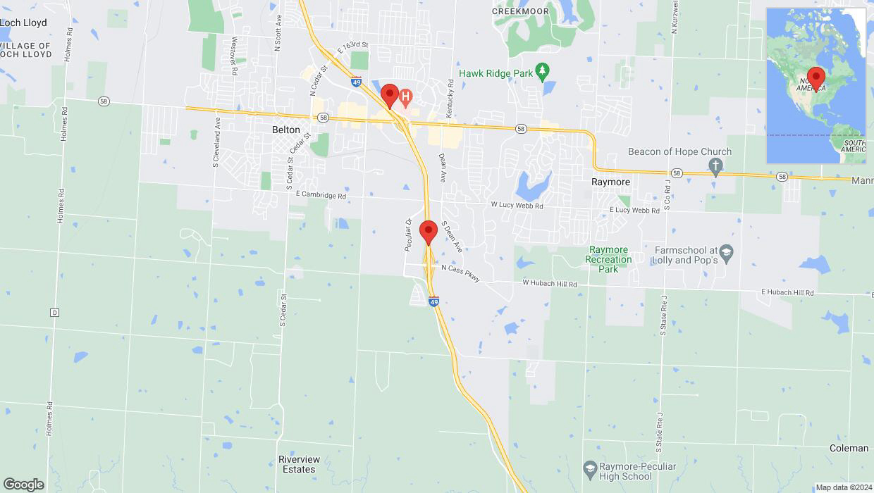 A detailed map that shows the affected road due to 'I-40/US-71 temporarily closed in Raymore' on August 27th at 1:50 p.m.