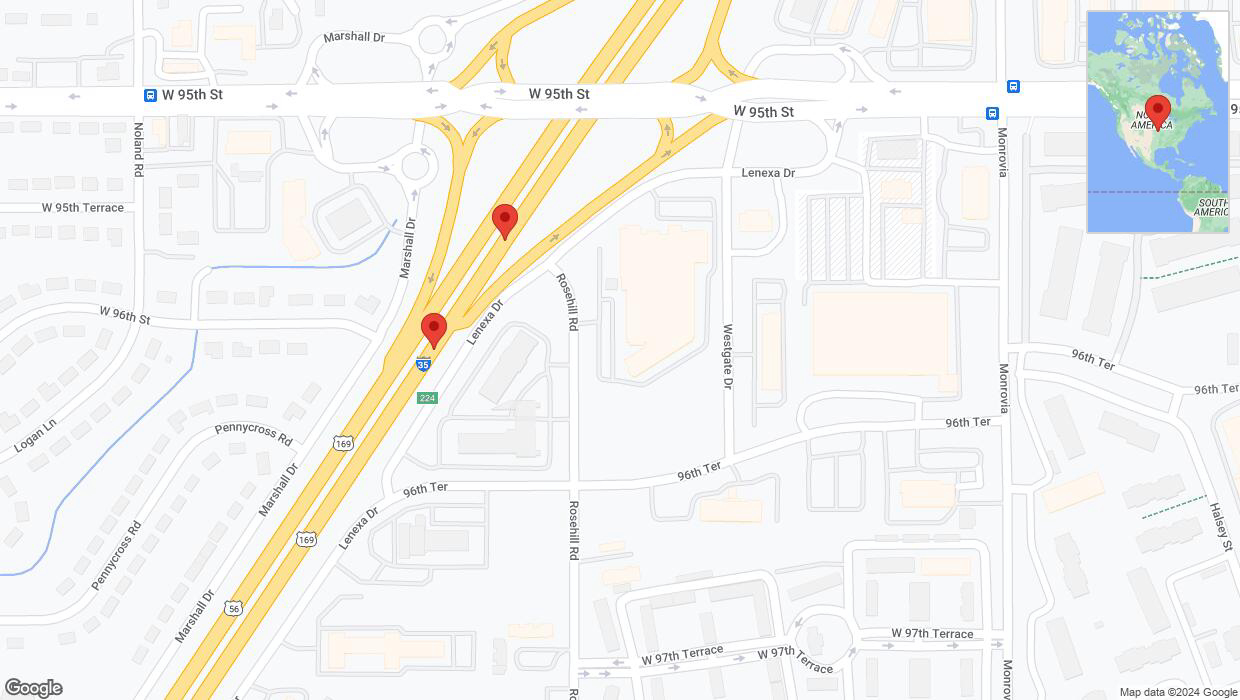 A detailed map that shows the affected road due to 'Broken down vehicle on eastbound I-35 in Lenexa' on August 27th at 2:02 p.m.