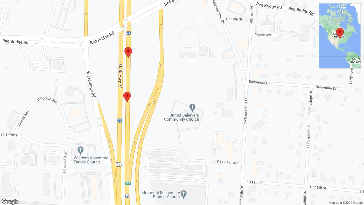 A detailed map that shows the affected road due to 'Broken down vehicle on northbound I-40/US-71 in Kansas City' on August 27th at 2:56 p.m.