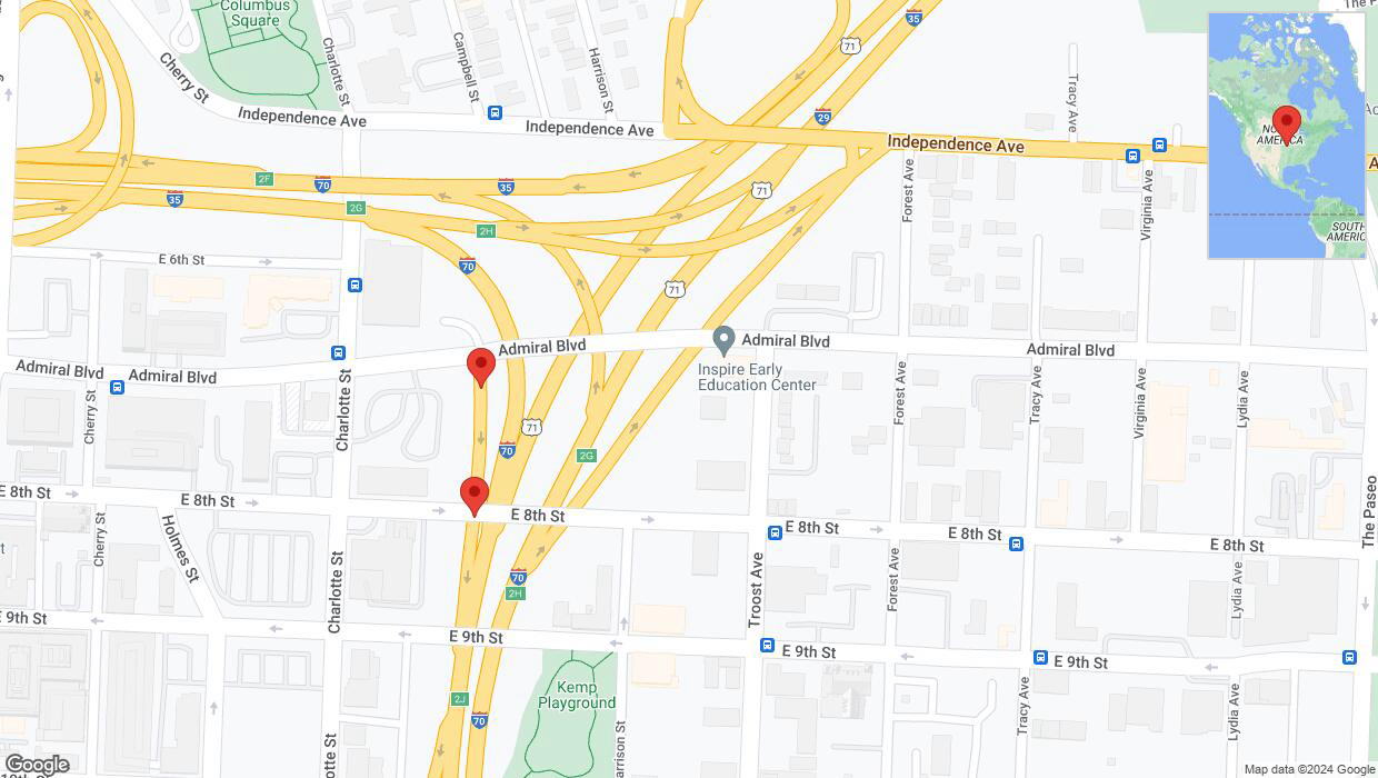 A detailed map that shows the affected road due to 'Broken down vehicle on Admiral Boulevard in Kansas City' on August 27th at 2:50 p.m.