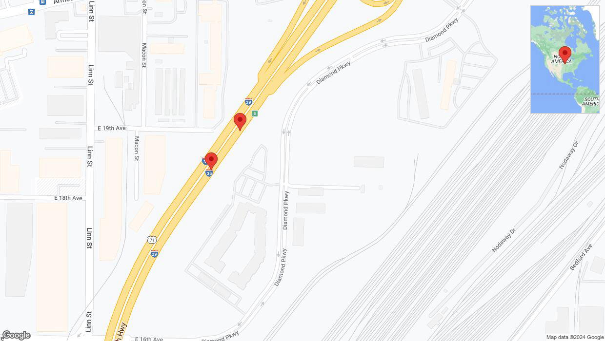 A detailed map that shows the affected road due to 'Broken down vehicle on northbound I-29/I-35 in North Kansas City' on August 27th at 4:02 p.m.