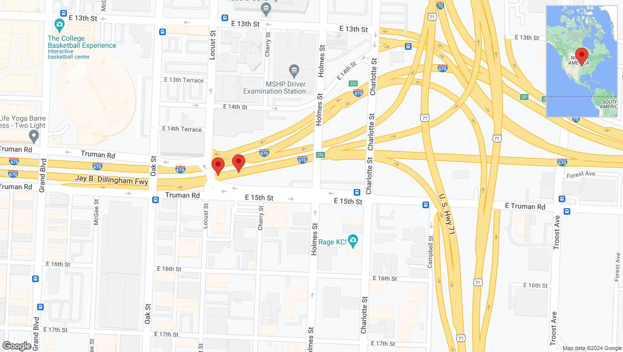 A detailed map that shows the affected road due to 'Broken down vehicle on eastbound I-670 in Kansas City' on August 27th at 6:44 p.m.