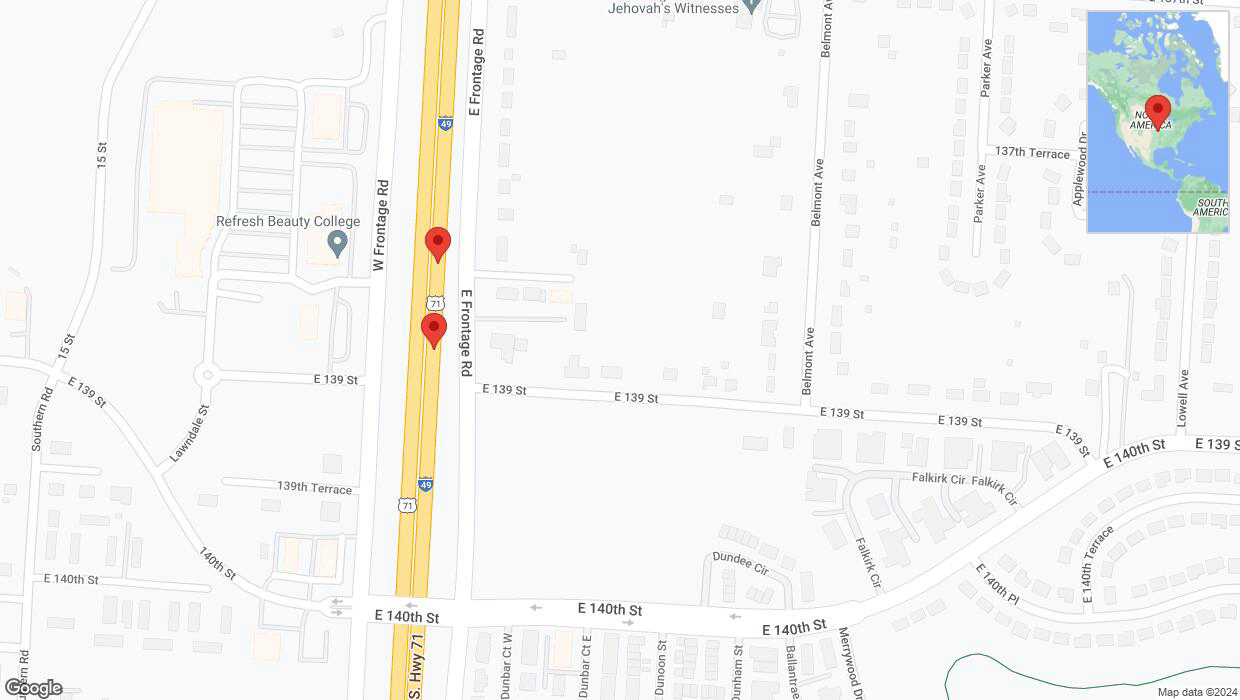 A detailed map that shows the affected road due to 'Broken down vehicle on northbound I-40/US-71 in Grandview' on August 27th at 5:08 p.m.