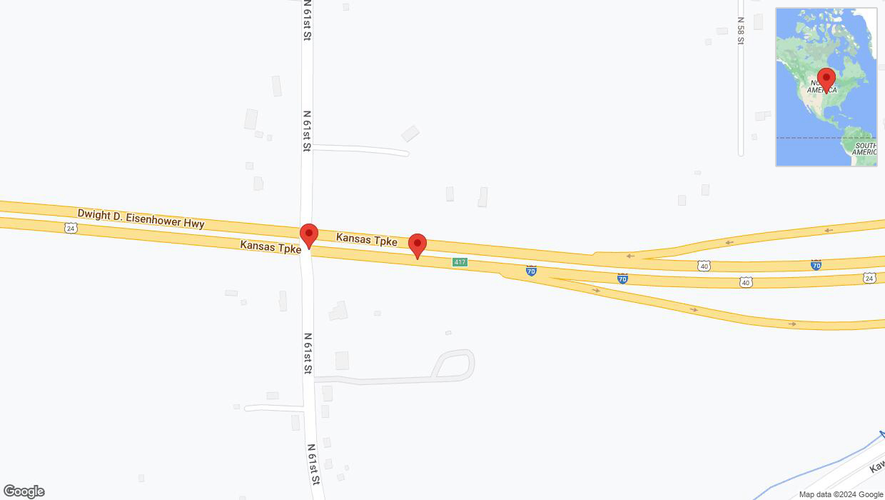 A detailed map that shows the affected road due to 'Broken down vehicle on eastbound I-70 in Kansas City' on August 27th at 5:20 p.m.
