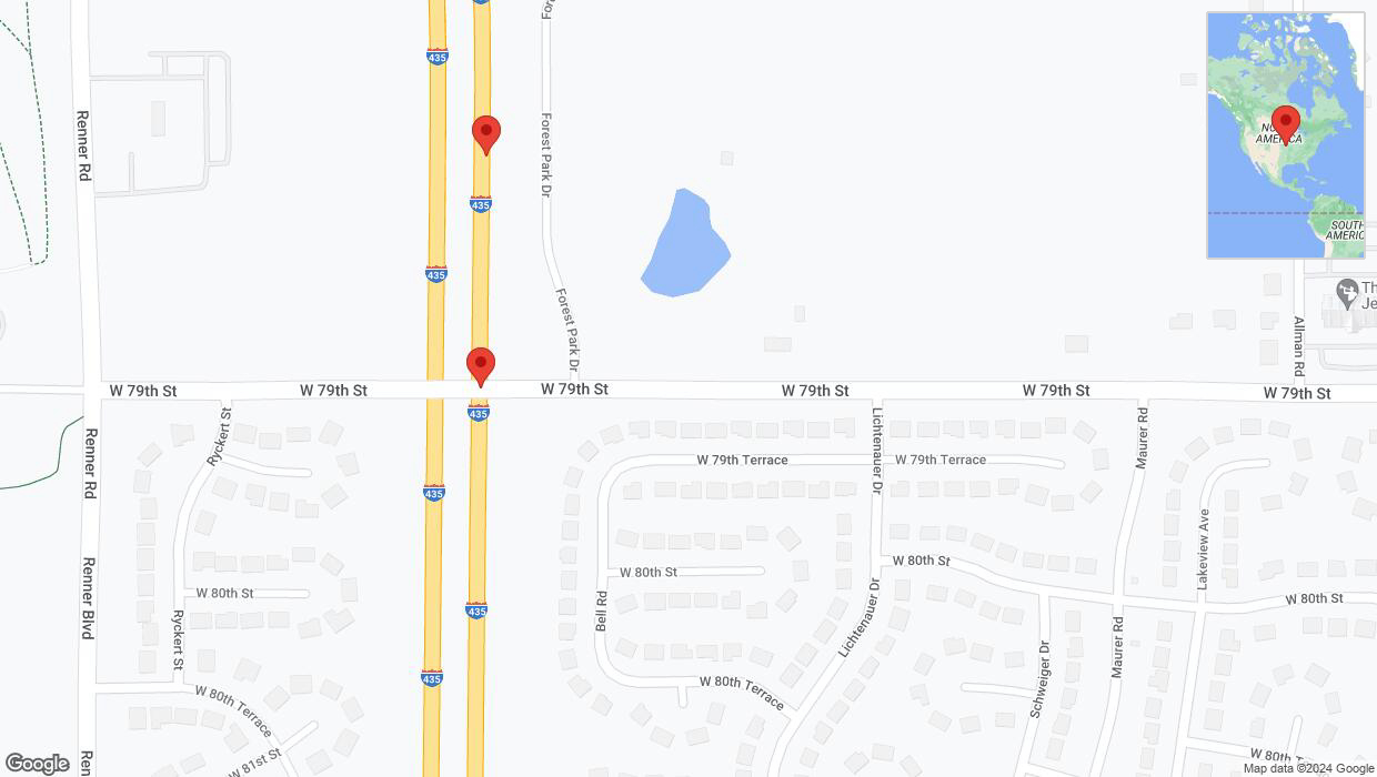 A detailed map that shows the affected road due to 'Broken down vehicle on northbound I-435 in Lenexa' on August 27th at 5:32 p.m.