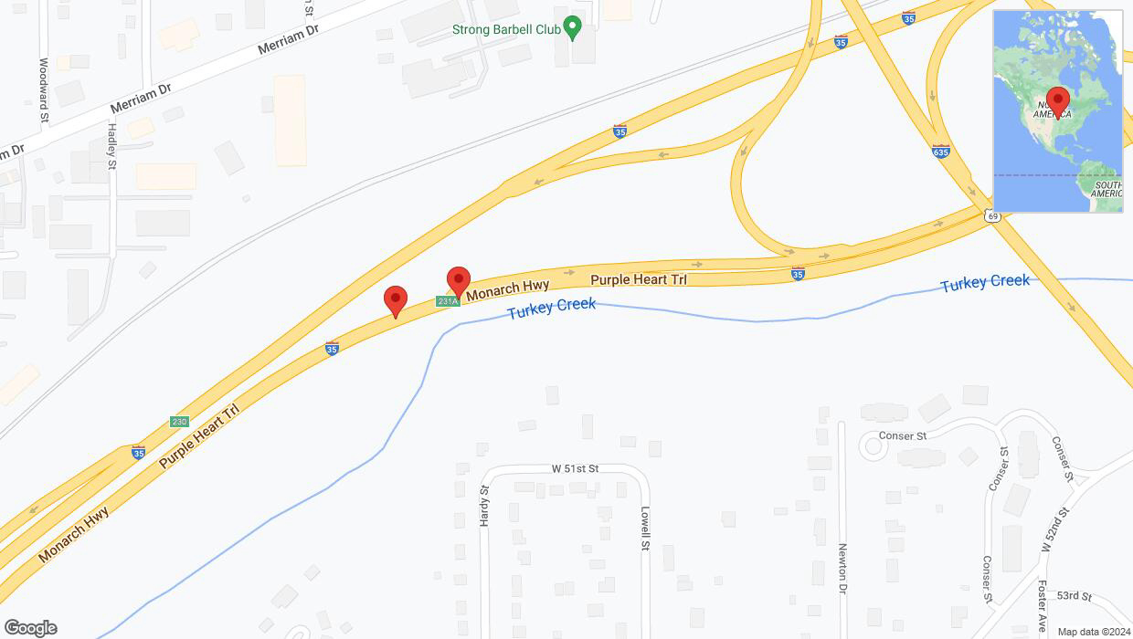 A detailed map that shows the affected road due to 'Warning: Crash on northbound I-35 in Mission' on August 27th at 5:44 p.m.