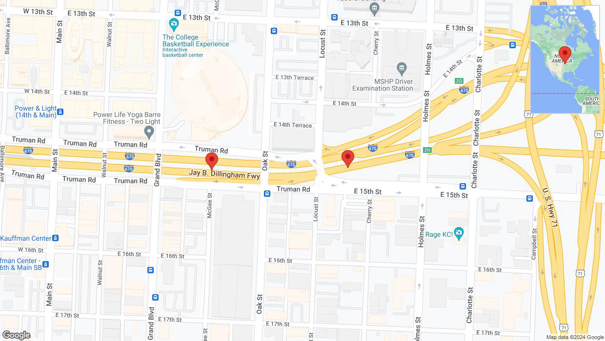 A detailed map that shows the affected road due to 'Broken down vehicle on eastbound I-670 in Kansas City' on August 27th at 7:02 p.m.