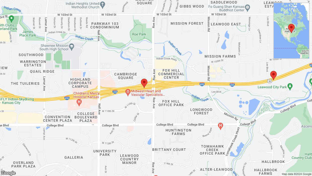 A detailed map that shows the affected road due to 'Heavy rain prompts traffic warning on eastbound I-435 in Overland Park' on August 27th at 6:08 p.m.