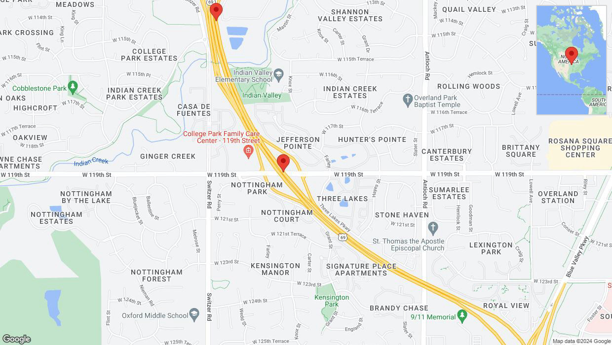 A detailed map that shows the affected road due to 'Heavy rain prompts traffic warning on northbound US-69 in Overland Park' on August 27th at 6:26 p.m.
