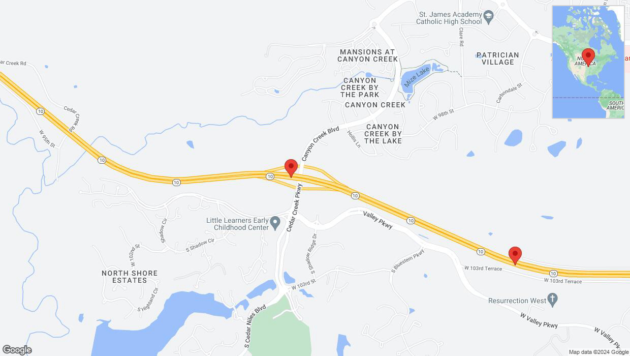 A detailed map that shows the affected road due to 'Drivers cautioned as heavy rain triggers traffic concerns on eastbound K-10 in Lenexa' on August 27th at 6:28 p.m.