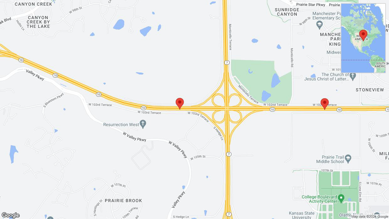 A detailed map that shows the affected road due to 'Drivers cautioned as heavy rain triggers traffic concerns on eastbound K-10 in Olathe' on August 27th at 6:28 p.m.