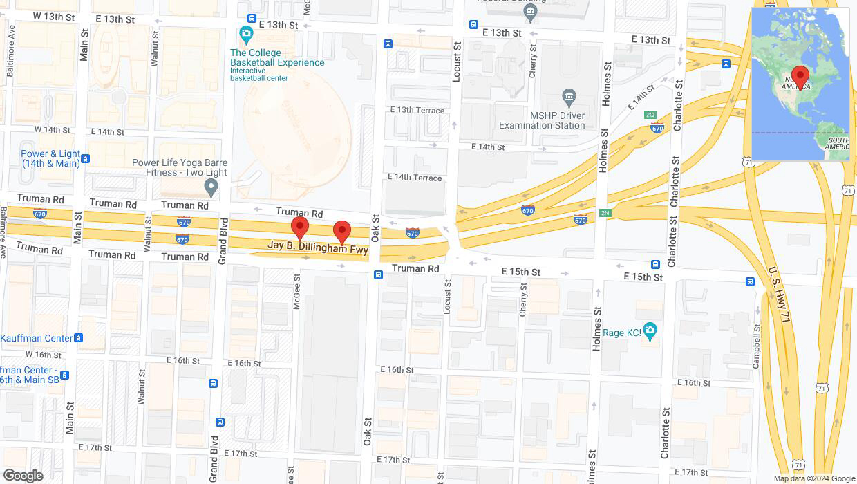 A detailed map that shows the affected road due to 'Broken down vehicle on eastbound I-670 in Kansas City' on August 27th at 6:32 p.m.