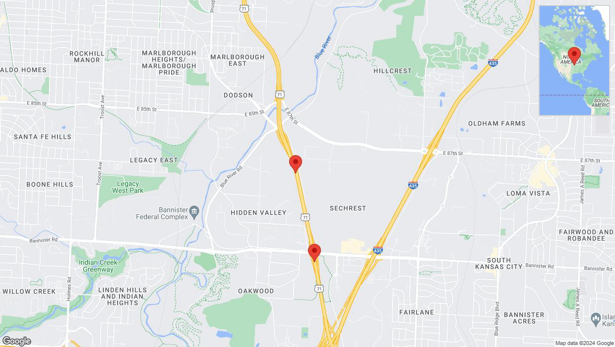 A detailed map that shows the affected road due to 'Traffic alert issued due to heavy rain conditions on southbound I-40/US-71 in Kansas City' on August 27th at 6:44 p.m.