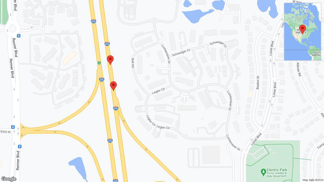 A detailed map that shows the affected road due to 'Broken down vehicle on northbound I-435 in Lenexa' on August 27th at 6:50 p.m.