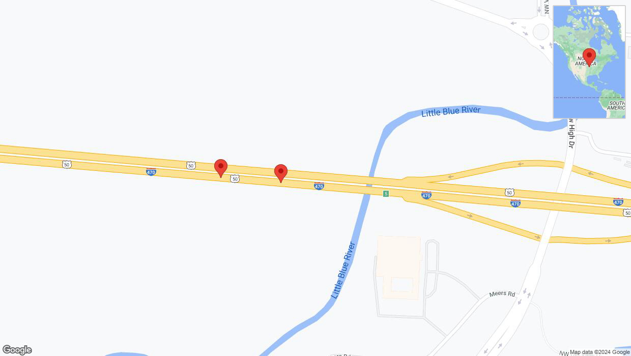 A detailed map that shows the affected road due to 'Broken down vehicle on eastbound I-470 in Kansas City' on August 27th at 7:32 p.m.