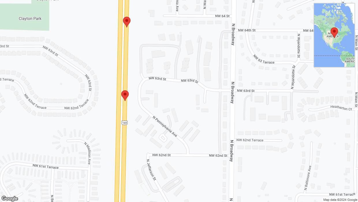 A detailed map that shows the affected road due to 'Crash reported on northbound US-169 in Kansas City' on August 27th at 7:26 p.m.