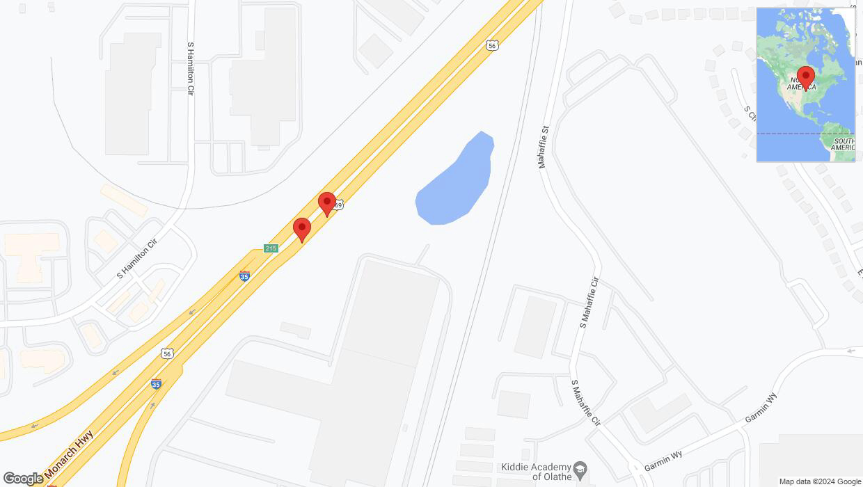 A detailed map that shows the affected road due to 'Warning: Crash on eastbound I-35 in Olathe' on August 27th at 8:14 p.m.