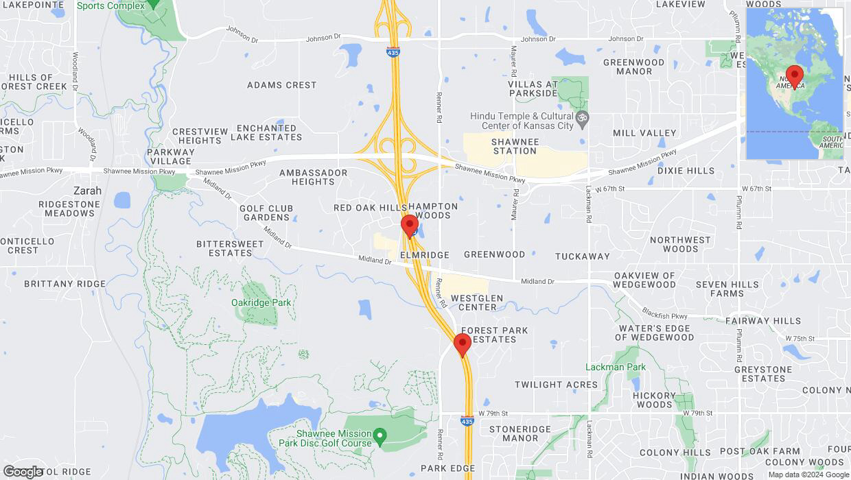 A detailed map that shows the affected road due to 'Lane on I-435 closed in Shawnee' on August 27th at 11:44 p.m.