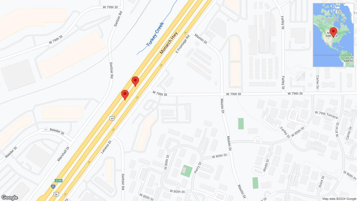 A detailed map that shows the affected road due to 'Broken down vehicle on eastbound I-35 in Overland Park' on August 27th at 8:44 p.m.