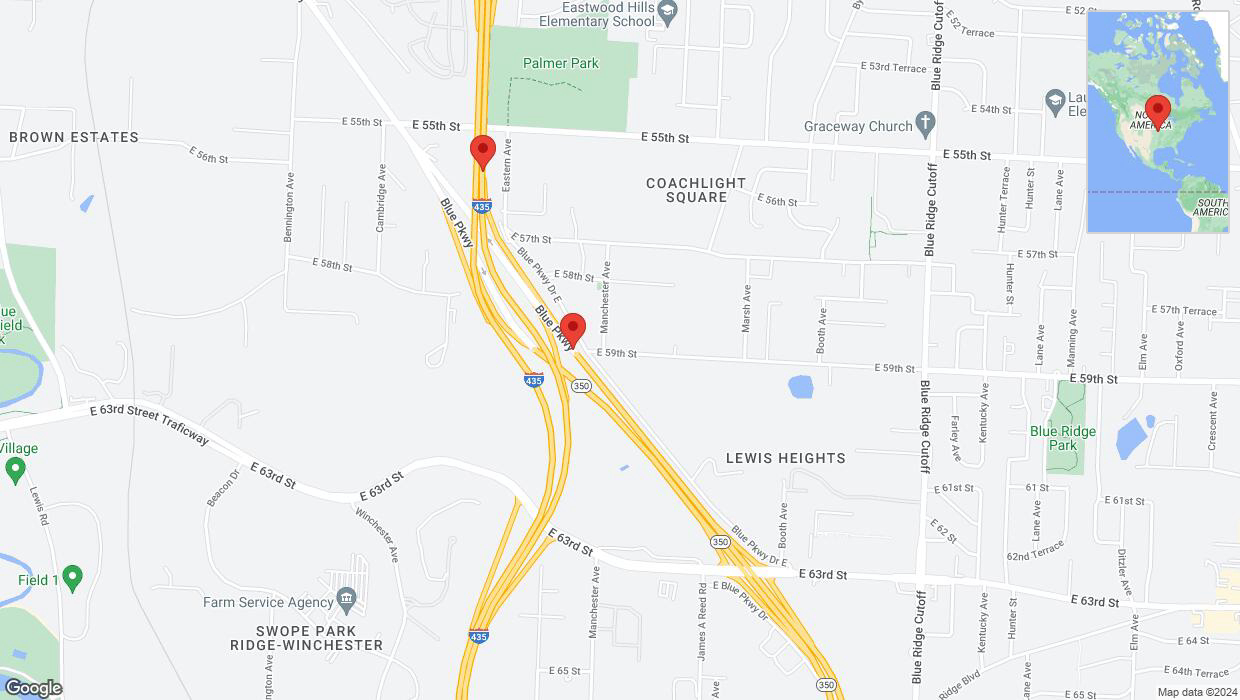 A detailed map that shows the affected road due to 'Broken down vehicle on Manchester Avenue in Kansas City' on August 27th at 9:32 p.m.