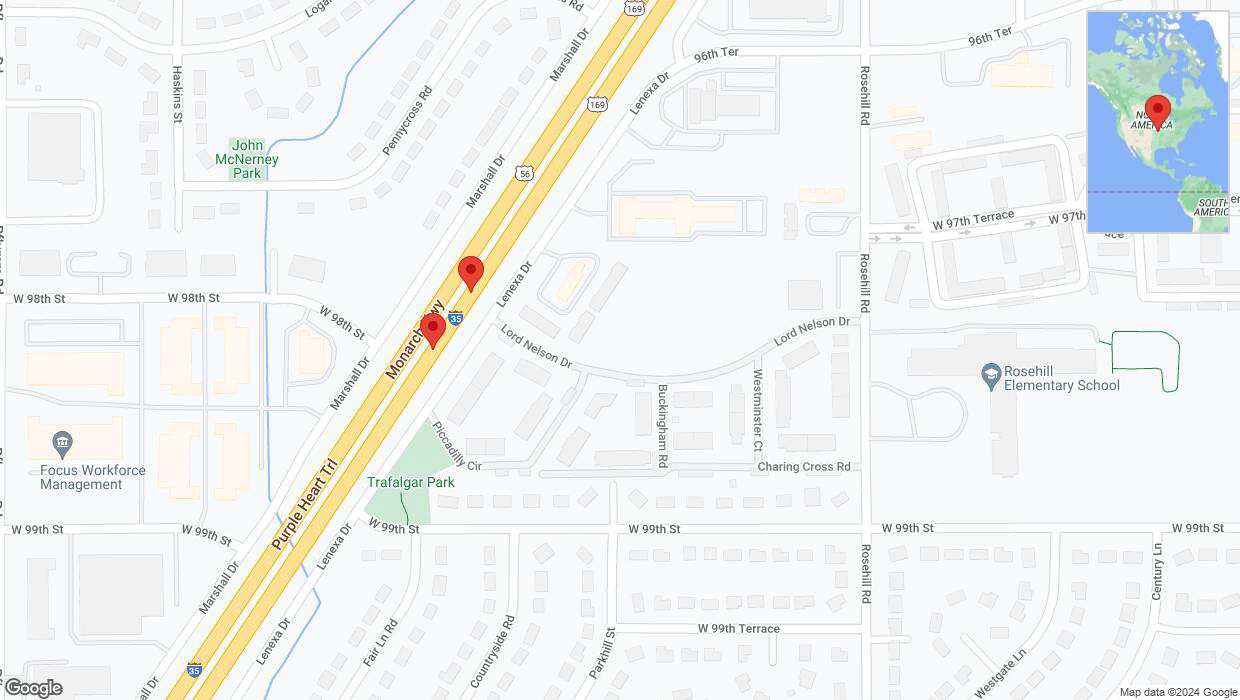A detailed map that shows the affected road due to 'Broken down vehicle on eastbound I-35 in Lenexa' on August 28th at 1:32 p.m.