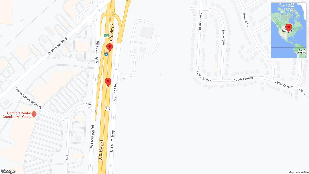 A detailed map that shows the affected road due to 'Warning in Grandview: Crash reported on northbound I-40/US-71' on August 28th at 1:38 p.m.