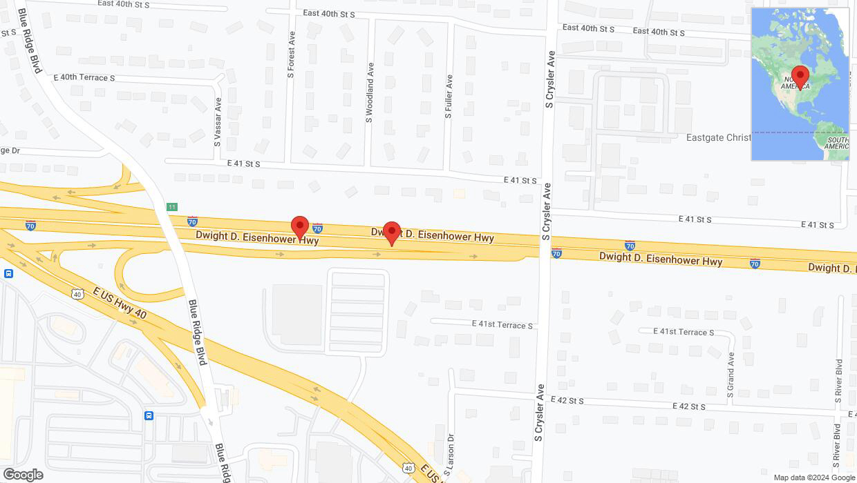 A detailed map that shows the affected road due to 'Broken down vehicle on eastbound I-70 in Independence' on August 28th at 3:14 p.m.